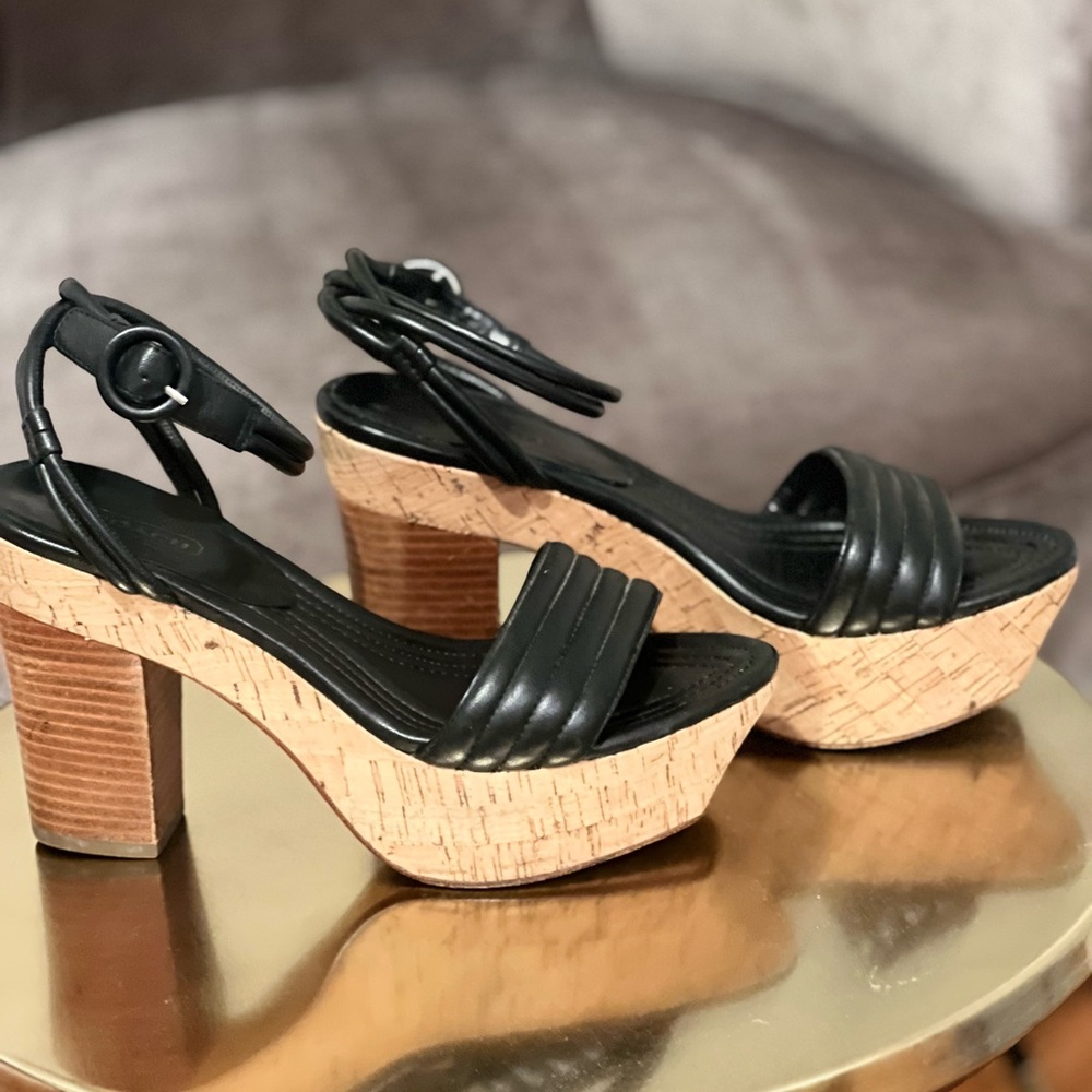 Coach cork platform black leather sandals